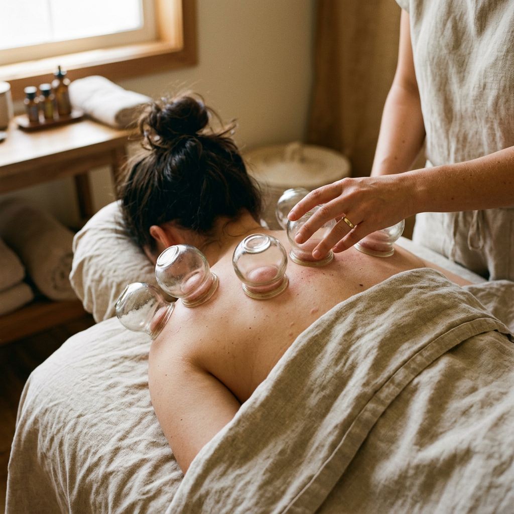 Licensed massage therapist at Healing Hands Spa in Cedar Bluff, Knoxville placing dry cupping cups on a relaxed client's upper back during a recovery session